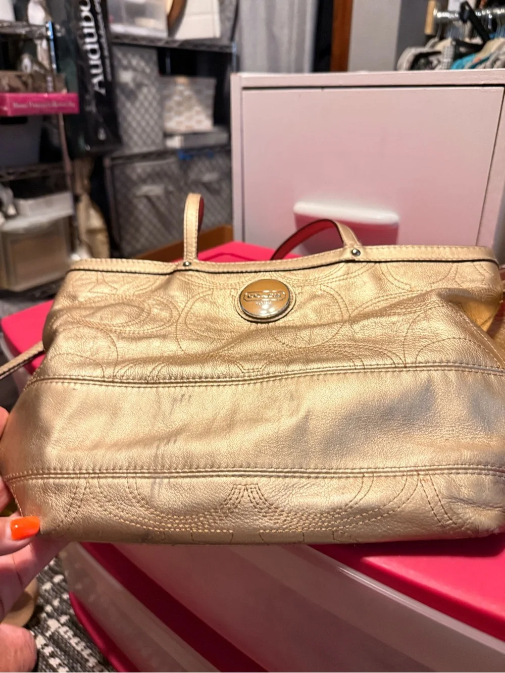 Coach Gold Metallic Leather Tote with Signature Embossing